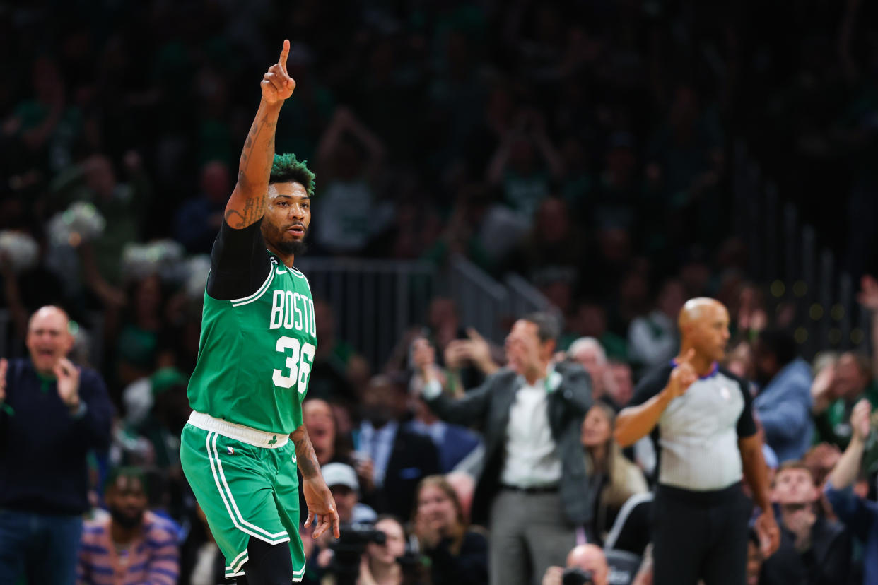 Marcus Smart thanked Celtics fans for the support the last nine seasons. (Photo by Maddie Meyer/Getty Images)
