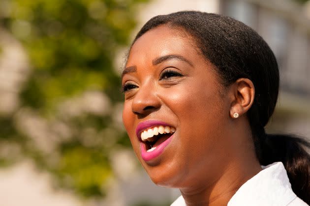 Former Delegate Lashrecse Aird smiles during an interview as she prepares to canvas a neighborhood on May 22 in Henrico County, Virginia.