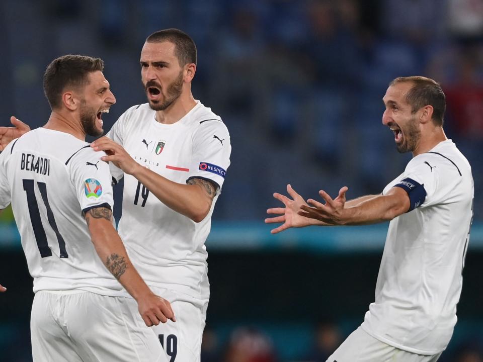 Domenico Berardi celebrates with Leonardo Bonucci and Giorgio Chiellini (Getty)