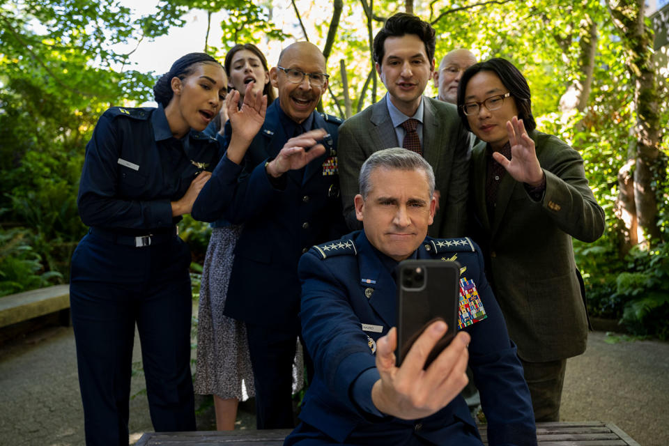 Space Force. (L to R) Tawny Newsome as Angela Ali, Diana Silvers as Erin Naird, Don Lake as Brad Gregory, Steve Carell (Netflix)
