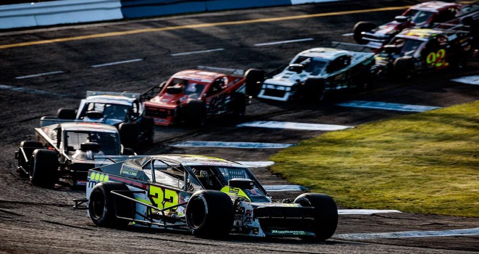 Tyler Rypkema driver of the #32 Northeast Drilling / MUSCO Lighting FURY Race car during the Duel at the Dog 200 for the NASCAR Whelen Modified Tour at Monadnock Speedway in Winchester, New Hampshire on May 6, 2023. (Nick Grace/NASCAR)
