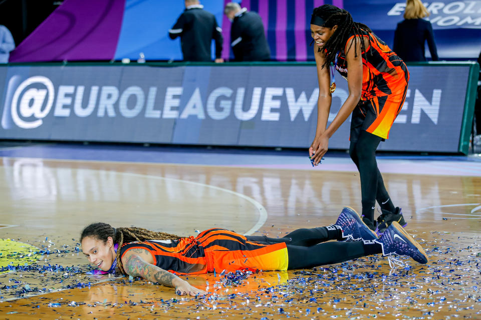 ISTANBUL, TURKEY - APRIL 18: Brittney Griner of UMMC Ekaterinburg celebrates winning the EuroLeague Women's Final during the EuroLeague Women Final match between Perfumerias Avenida and UMMC Ekaterinburg at Volkswagen Arena  on April 18, 2021 in Istanbul, Turkey (Photo by /BSR Agency/Getty Images)