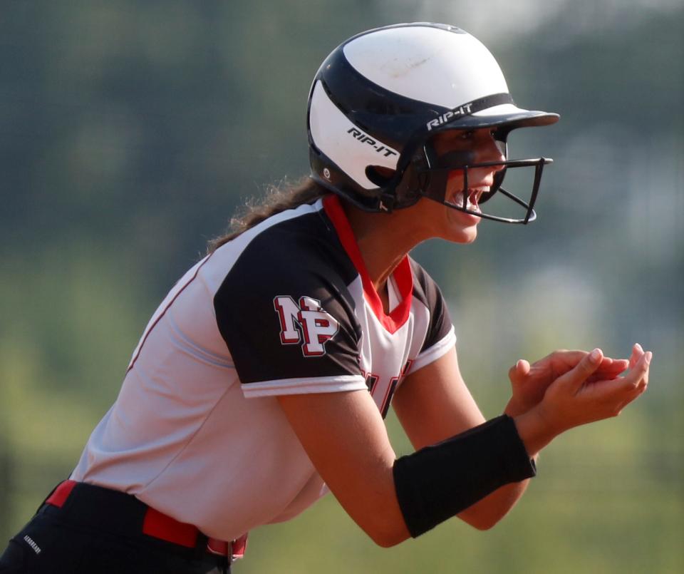 North Posey Vikings Alyssa Heath (12) cheers during the IHSAA Class 2A Softball State Final against the Andrean Fighting 59ers, Friday, June 9, 2023, at Purdue University’s Bittinger Stadium in West Lafayette, Ind. North Posey won 3-0.