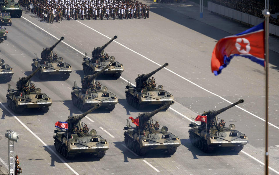 North Korean artillery roll past during a parade for the 70th anniversary of North Korea's founding day in Pyongyang, North Korea, Sunday, Sept. 9, 2018. North Korea staged a major military parade, huge rallies and will revive its iconic mass games on Sunday to mark its 70th anniversary as a nation. (Kyodo News via AP)