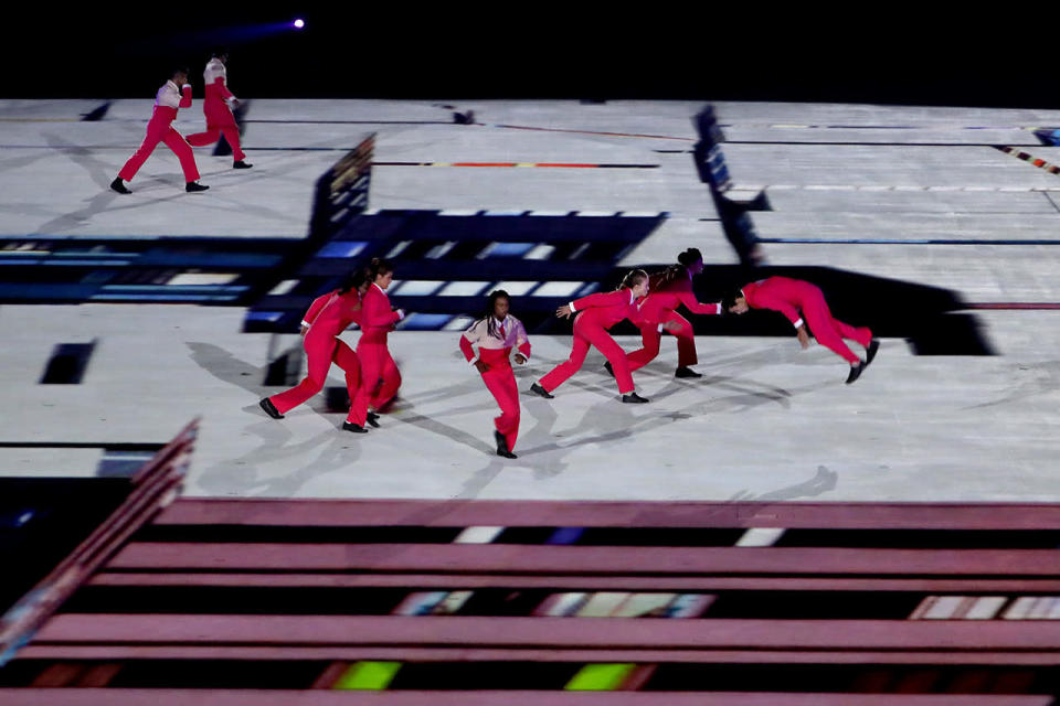 <p>Organizes spent their money wisely on a projection system that made it look like these people were leaping and tumbling their way across rooftops. It was the moment you wanted to rewind. (Photo by Christian Petersen/Getty Images) </p>