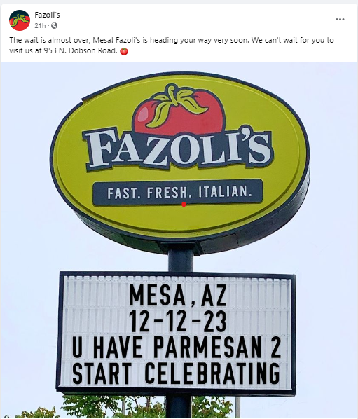 Fazoli's announces grand opening in Mesa.