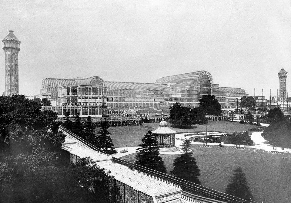 FILE- This is an undated file photo showing the Crystal Palace built for the Great Exhibition of 1851 in London, England. Britain’s Crystal Palace, the Victorian exhibition center that was once the largest glass structure in the world, will be brought back to life with investment from Chinese developers. Shanghai-based Zhongrong Group plans to invest 500 million pounds (US$ ) to build a replica of the iron and glass building as a cultural attraction in south London. The Crystal Palace, designed by Joseph Paxton for the 1851 Great Exhibition in Hyde Park, was the world’s biggest glass structure before it was destroyed by fire in 1936. The plans, announced Thursday, Oct. 3, 2013 will replicate the building’s Victorian design in the original size and scale. (AP Photo/File)