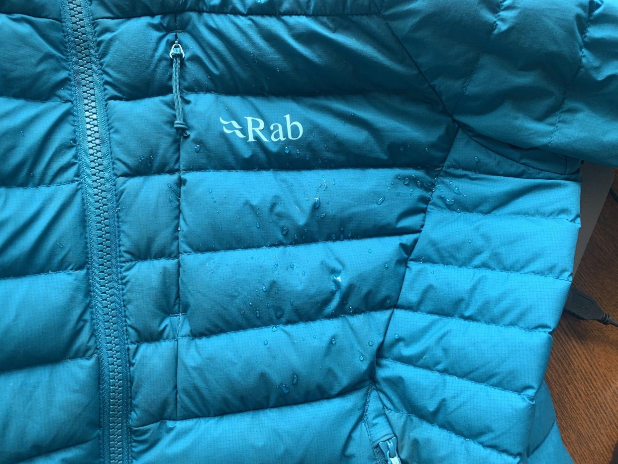  Water beads on Rab Infinity Microlight jacket showing it's water resistance. 