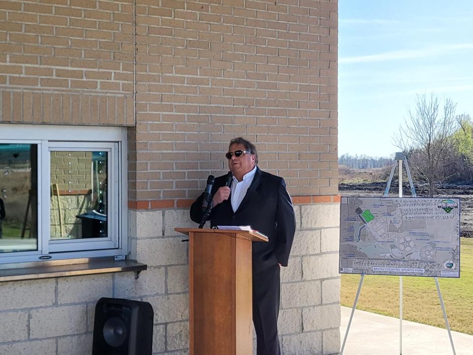 Terrebonne Parish President Gordy Dove discusses new additions to the Bayou Country Sports Park in Houma during a groundbreaking ceremony Monday, Feb. 6, 2023.