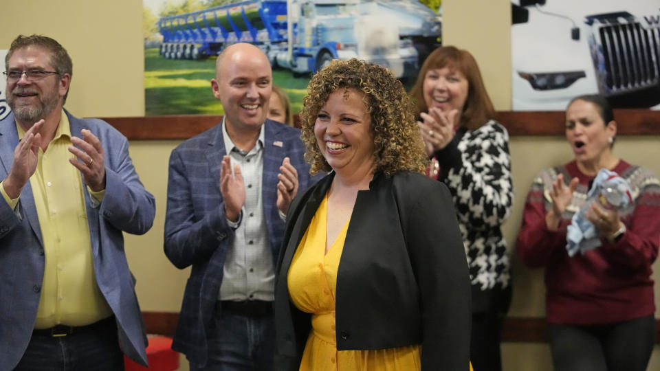 Utah 2nd Congressional District Republican Celeste Maloy smiles after winning a Utah special election to replace her former boss U.S. Rep. Chris Stewart during an election night party, Tuesday, Nov. 21, 2023, in West Valley City, Utah. (AP Photo/Rick Bowmer)