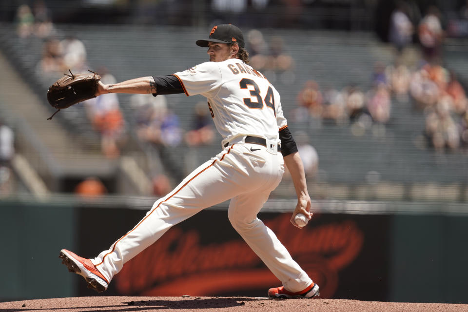 San Francisco Giants starting pitcher Kevin Gausman works in the first inning of a baseball game against the Arizona Diamondbacks, Thursday, June 17, 2021, in San Francisco. (AP Photo/Eric Risberg)