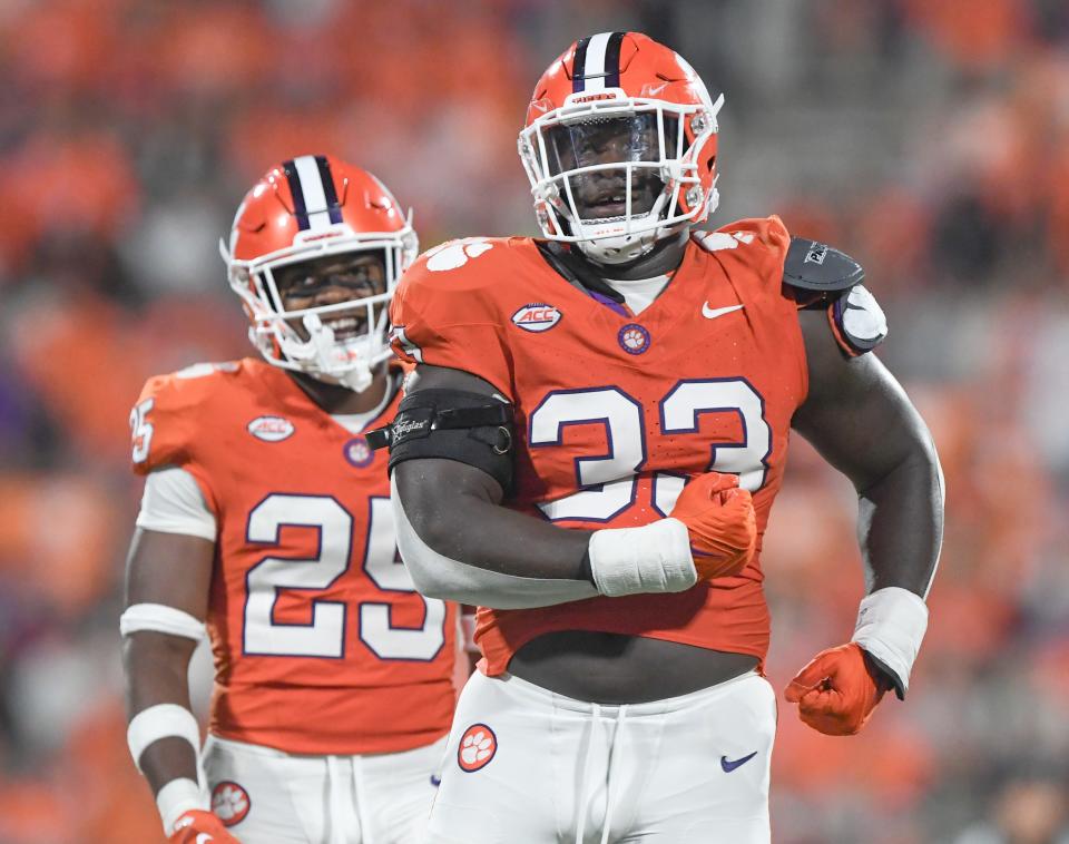 Clemson defensive end Ruke Orhorhoro (33) reacts after a play against Florida Atlantic, Sept. 16, 2023.