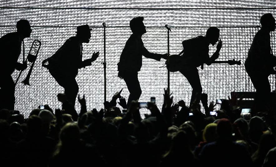 Bruno Mars performs during the halftime show of the NFL Super Bowl XLVIII football game Sunday, Feb. 2, 2014, in East Rutherford, N.J. (AP Photo/Mark Humphrey)