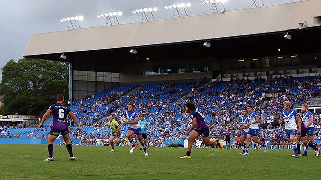 The Bulldogs take on the Storm at Belmore. Image: Getty