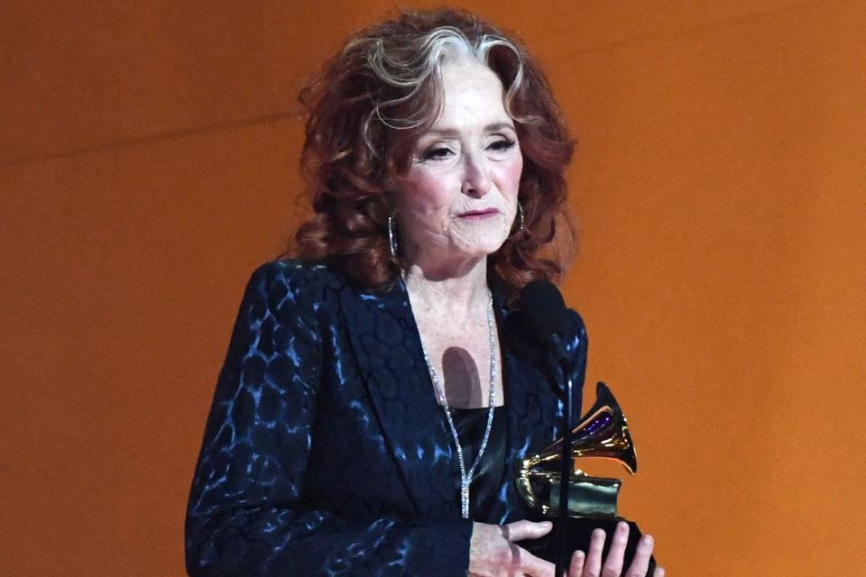 US singer Bonnie Raitt accepts the award for Song Of The Year for &quot;Just Like That&quot; during the 65th Annual Grammy Awards at the Crypto.com Arena in Los Angeles on February 5, 2023.