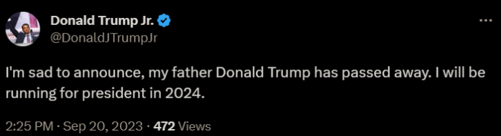 小唐納發文稱爸爸川普死亡，自己將代其參選總統。（圖／翻攝X）