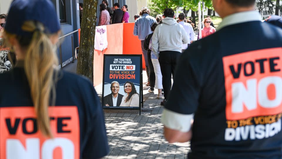  "Vote No" volunteers at a polling center in Canberra on October 13, 2023. - Martin Ollman/Getty Images