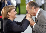 FILE - In this May 3, 2007 file photo, German Chancellor Angela Merkel, left, welcomes the President of France, Jacques, right, at the chancellery in Berlin. Jacques Chirac, a two-term French president who was the first leader to acknowledge France's role in the Holocaust and defiantly opposed the U.S. invasion of Iraq in 2003, has died at age 86. (AP Photo/Michael Sohn, File)