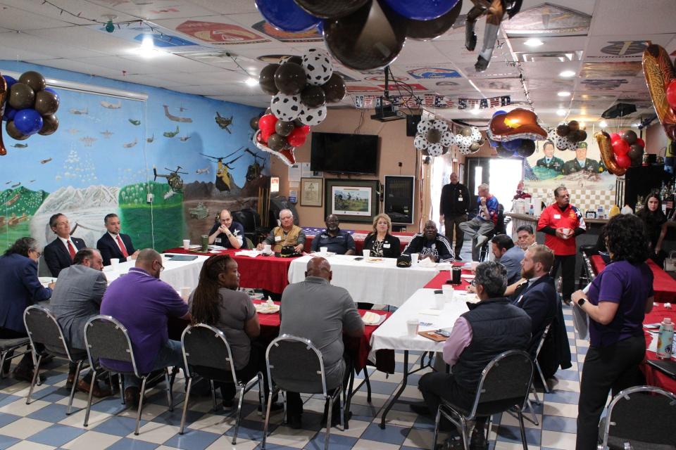 State Sens. Cesar Blanco, D-El Paso, and Kelly Hancock, R-Fort Worth, chair of the Senate Committee on Veterans Affairs, held a roundtable discussion with El Paso veterans Thursday, April 2024, at the Benavidez Patterson 82nd Aiborne center in Central El Paso.