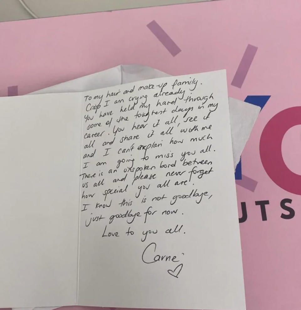 Carrie's emotional farewell note written to a make up artist on The Project