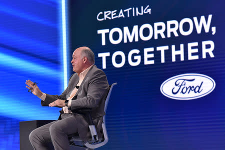 Ford CEO Jim Hackett speaks to dealers at a company dealer meeting in Las Vegas, Nevada, U.S. in this October 17, 2018 handout photo, obtained by Reuters on October 18, 2018. Ford Motor/Handout via REUTERS