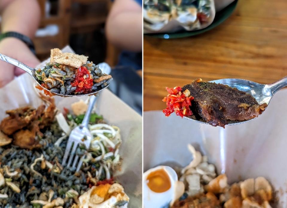 A bite that has so many different things going on, all of which are good. (left). The 'daging bakar' is dark, smoky and on the drier side, almost like thick charcuterie. (right)