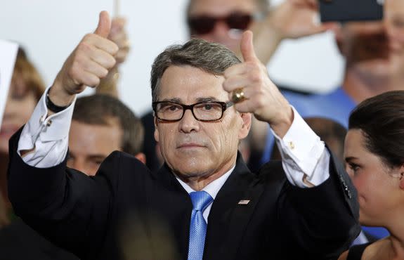 Rick Perry gives a thumbs up to supporters on June 4, 2015,  after announcing that he would run for president in 2016.