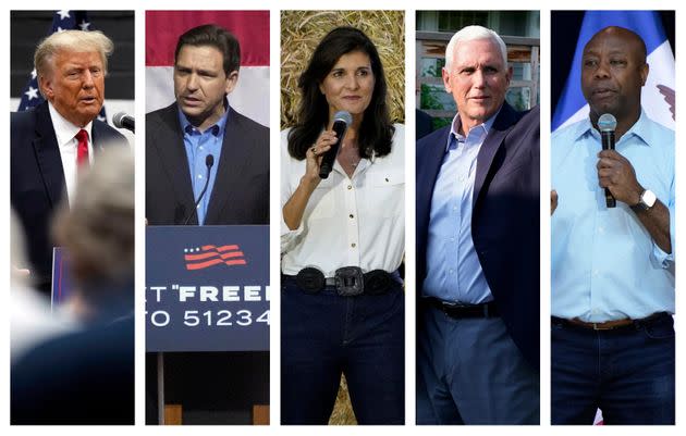 From left: Former President Donald Trump, Florida Gov. Ron DeSantis, former U.N. Ambassador Nikki Haley, former Vice President Mike Pence and South Carolina Sen. Tim Scott.