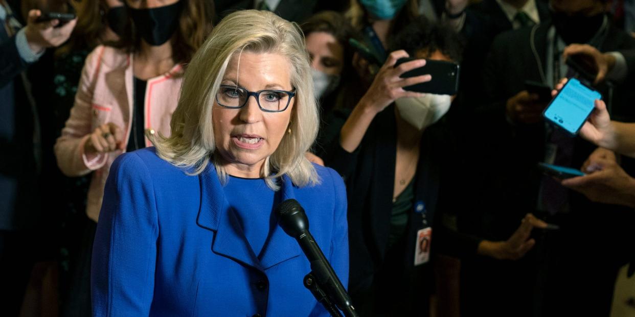 Republican Rep. Liz Cheney of Wyoming speaks to reporters at the US Capitol on May 12, 2021.