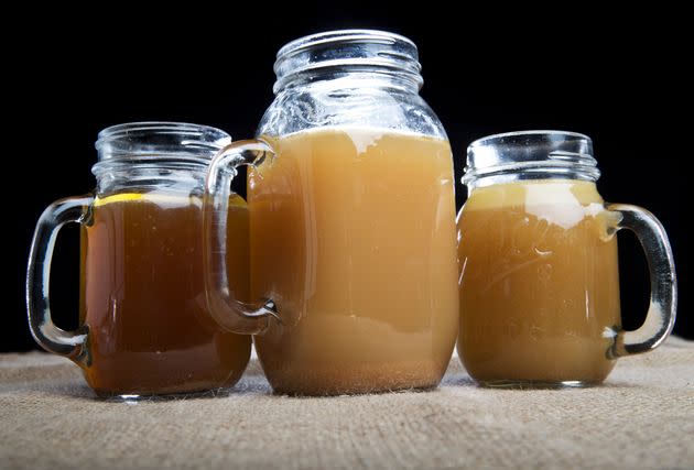 From left to right: Beef/chicken, chicken and beef bone broth.
