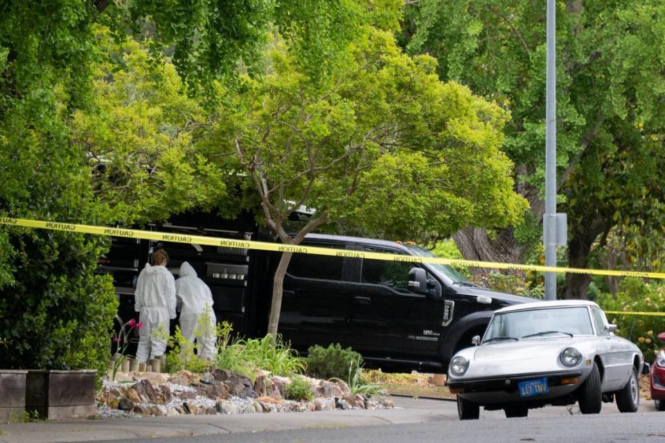 Davis Police investigate home on Hawthorne Lane in Davis, Thursday, May 4, 2023. Today they announce an arrest in the series of three stabbings over the last week that left two men dead and a woman critically injured at the Davis Police DepartmentThe knife attacks began April 27 with David Henry Breaux, then April 29th withUC Davis student Karim About Najm and May 1 with a homeless woman who survived.