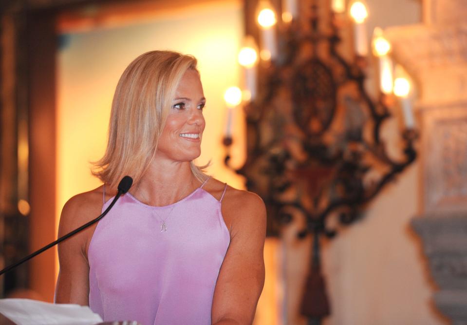 Swimmer Dara Torres, 45, speaks in the Gold Room at The Breakers Sunday, April 22, 2012.