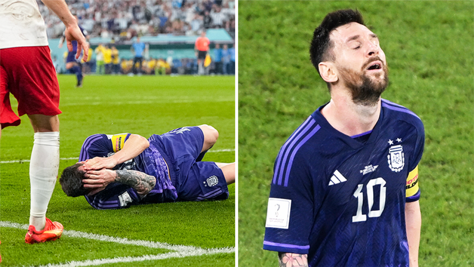 Lionel Messi (pictured left) going down hurt and (pictured right) Messi looking frustrated.