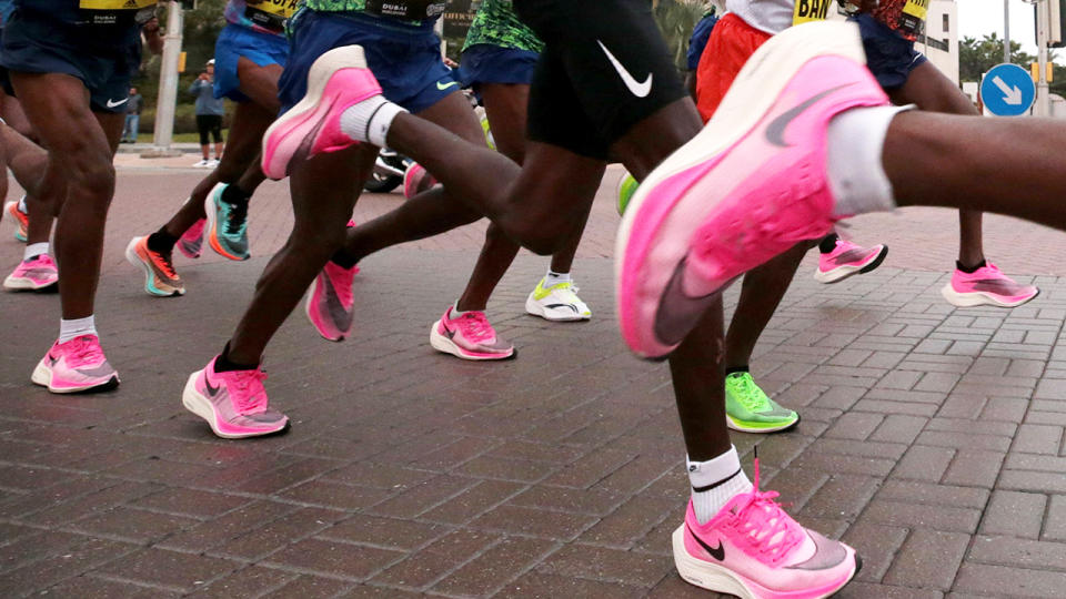 Athletes, pictured here wearing the Nike Vaporfly shoes during a race.