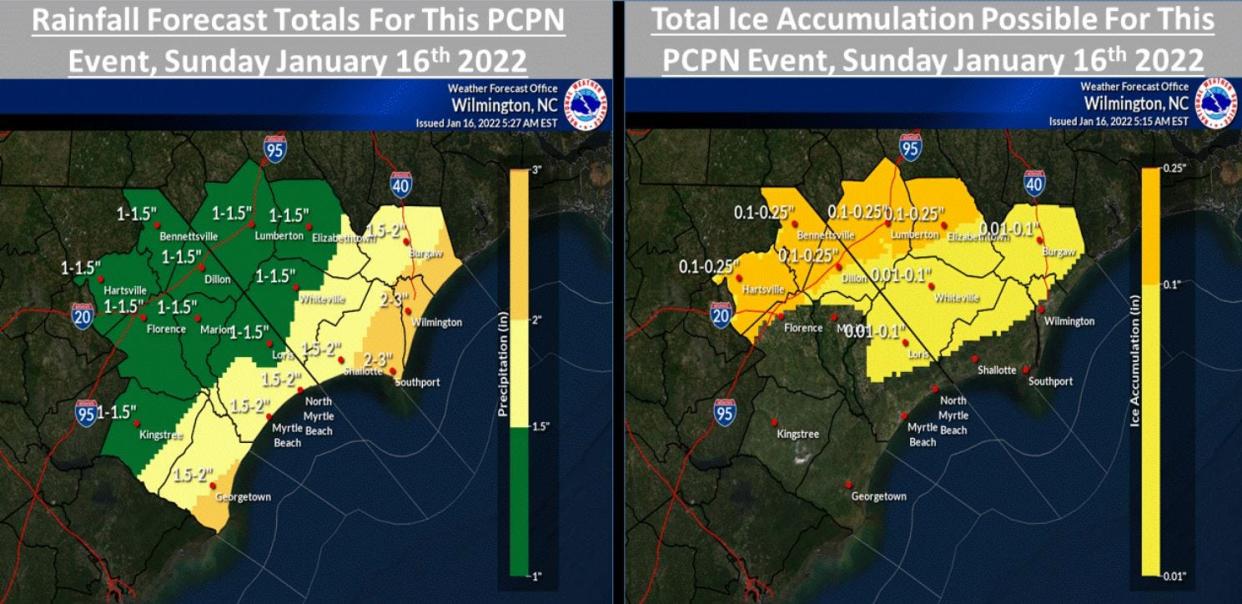 Forecast Totals and Potential Ice Accumulation Forecast Totals expected for the WFO Wilmington NC Forecast Area for Sunday, Jan. 16, 2022