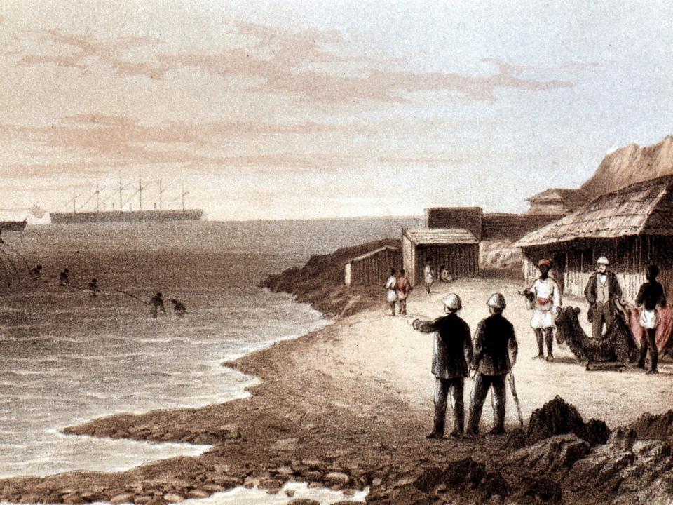 A colored lithograph of people onshore supervisors workers laying a telegraph cable near a boat at the port of Aden