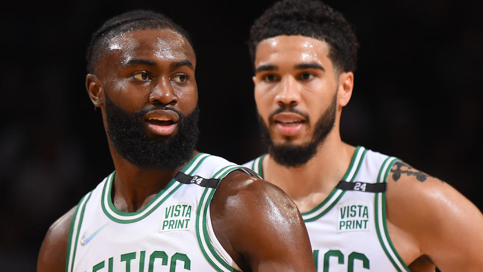 Jalyen Brown and Jayson Tatum lead the way for the Boston Celtics in their beatdown of the Miami Heat.  (Photo by Brian Babineau/NBAE via Getty Images)