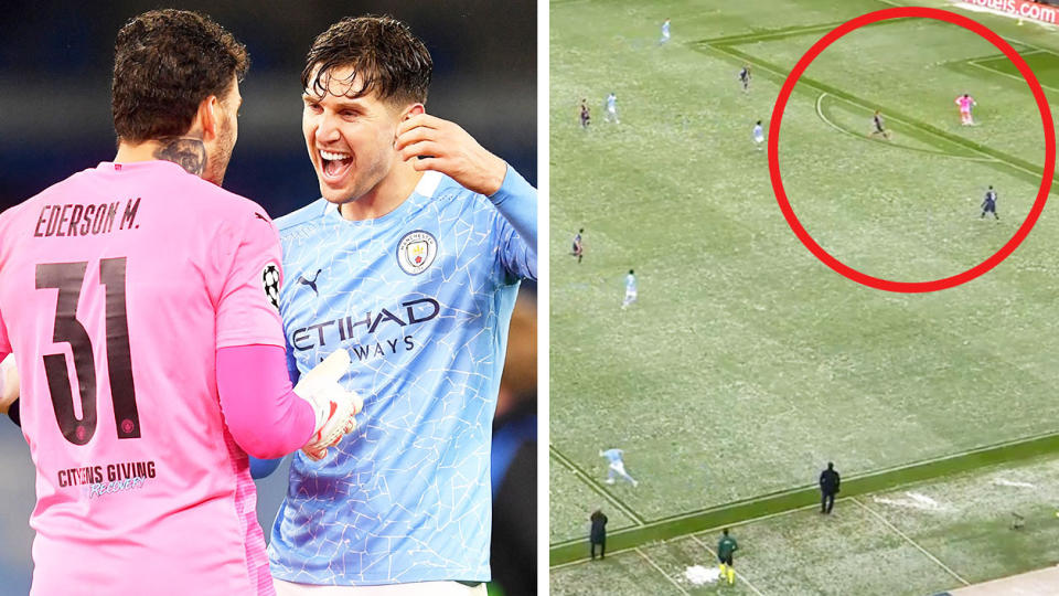 Manchester City goalkeeper Ederson (pictured left) celebrating and (pictured right) passing the ball from his own box.