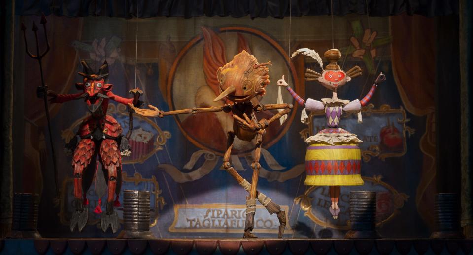 The title puppet (voiced by Gregory Mann) performs in Count Volpe's circus in "Guillermo del Toro's Pinocchio."