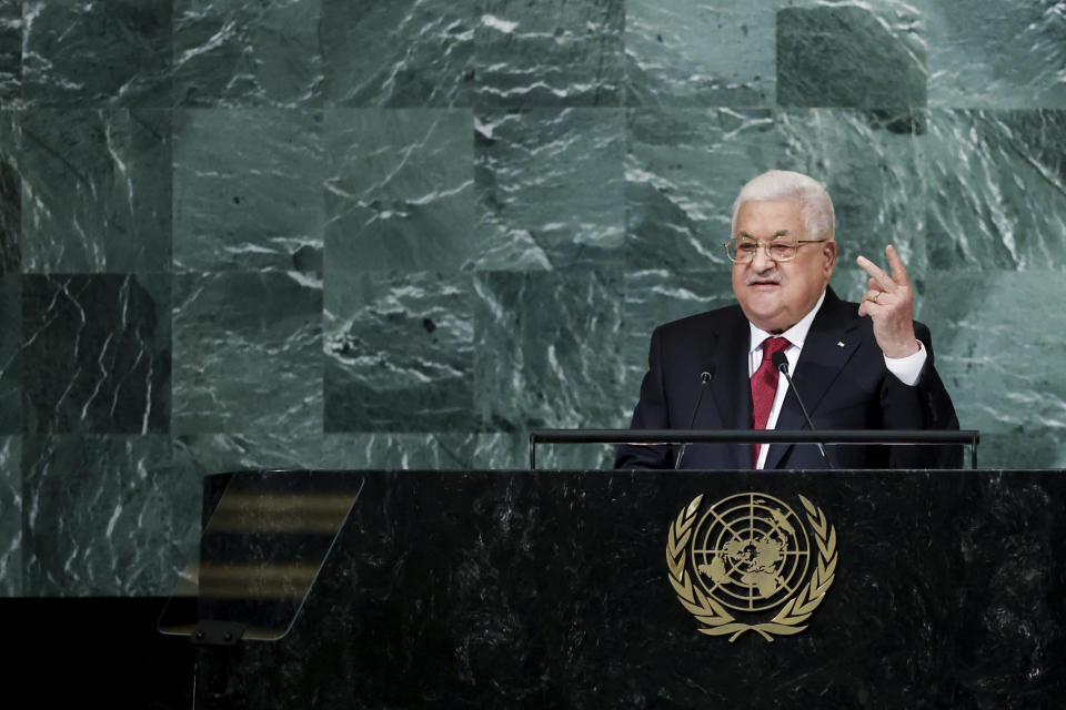 Palestinian President Mahmoud Abbas addresses the 77th session of the United Nations General Assembly, Friday, Sept. 23, 2022, at the U.N. headquarters. (AP Photo/Julia Nikhinson)