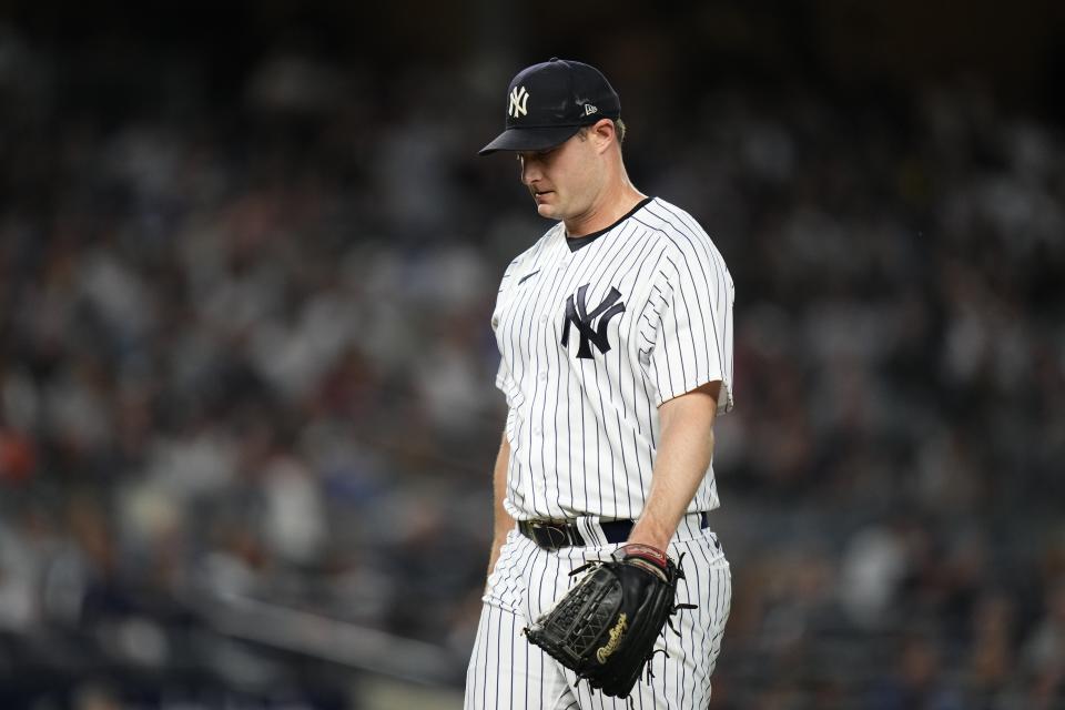 New York Yankees starting pitcher Gerrit Cole leaves the field after the top of the sixth inning of the team's baseball game against the Boston Red Sox on Friday, June 9, 2023, in New York. (AP Photo/Frank Franklin II)