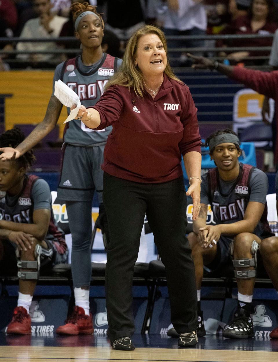 Troy University head women's basketball coach Chanda Rigby offers her players some guidance from the sidelines during the Sunbelt Conference Women's Championship game on Monday, March 7, 2022. Troy lost to the University of Texas Arlington. 76-61. 
