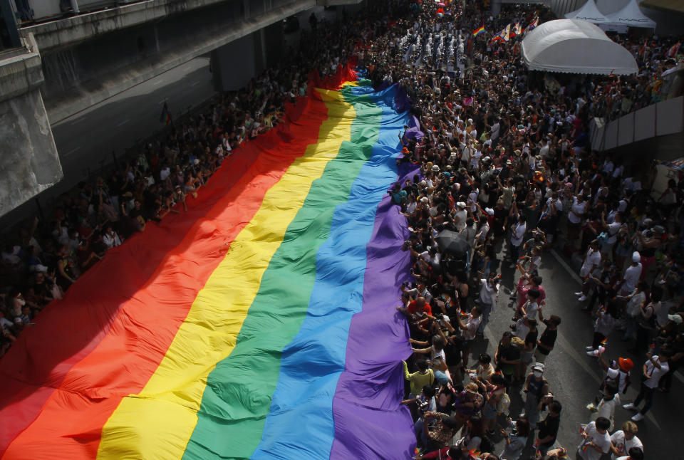 People ta. Various groups of LGBTQ gathered at central of Bangkok for the pride parade rally on June 4, 2023, dressed in colorful costumes and demanding for gender issues such as gender equality, gender rights on LGBTQs, sex worker rights, same sex marriage, etc. all year long. (Photo by Chaiwat Subprasom/NurPhoto via Getty Images)