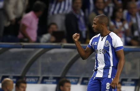 Porto's Yacine Brahimi celebrates his goal against BATE Borisov during their Champions League Group H soccer match at Dragao stadium in Porto September 17, 2014. REUTERS/Rafael Marchante