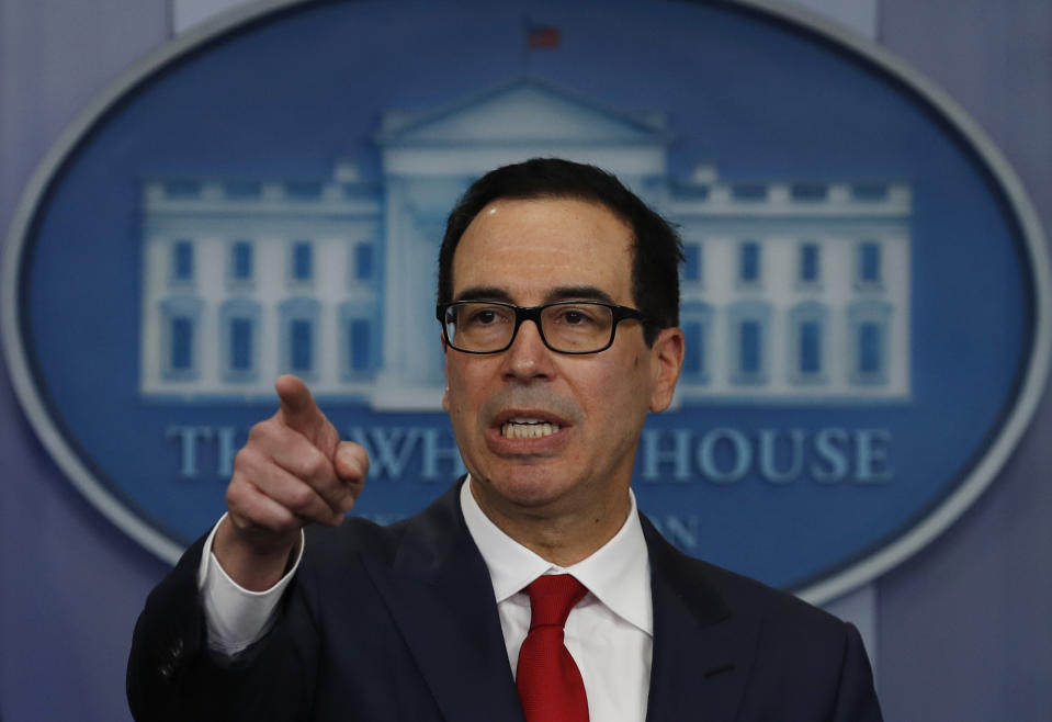 Treasury Secretary Steven Mnuchin speaks during the news briefing at the White House in Washington, Friday, Aug. 25, 2017. (AP Photo/Carolyn Kaster)