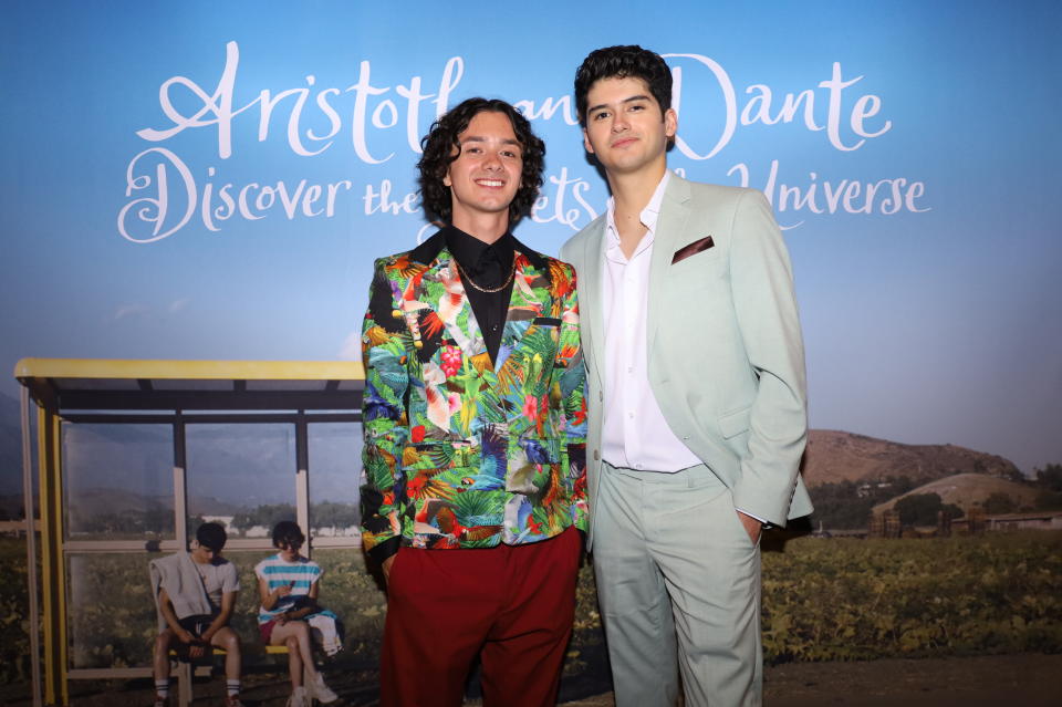 Max Pelayo (L) and Reese Gonzales attend the 2023 Outfest Los Angeles' Opening Night Gala premiere of "Aristotle And Dante Discover The Secrets Of The Universe" at The Orpheum Theatre on July 13, 2023 in Los Angeles, California.