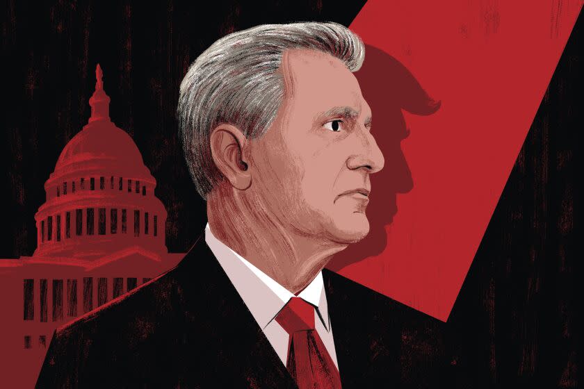 Illustration of Kevin McCarthy casting Donald Trump's shadow with the U.S. Capitol building in the background.