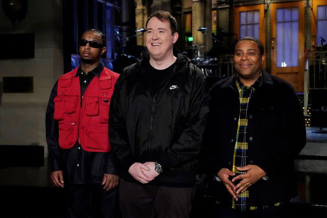 <p>Rosalind O'Connor/NBC</p> 21 Savage, Shane Gillis, and Kenan Thompson on 'SNL'