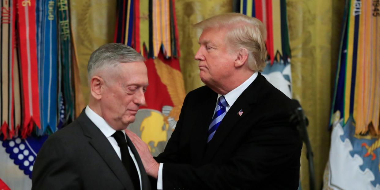 President Donald Trump acknowledges Defense Secretary Jim Mattis during a reception commemorating the 35th anniversary of the attack on Beirut Barracks in the East Room at the White House in Washington, Thursday, Oct. 25, 2018.