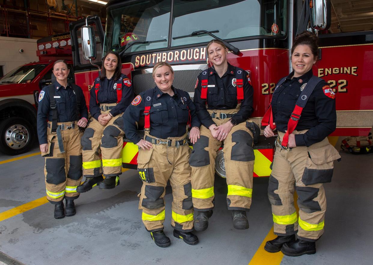 These women are all firefighters in Southborough. From left are firefighter Christina Stapleton, probationary firefighter Tiffany Martinez, firefighter Meg Mulcahy, Lt. Brittaney Doane and firefighter Tabitha Conway, April 11, 2024.